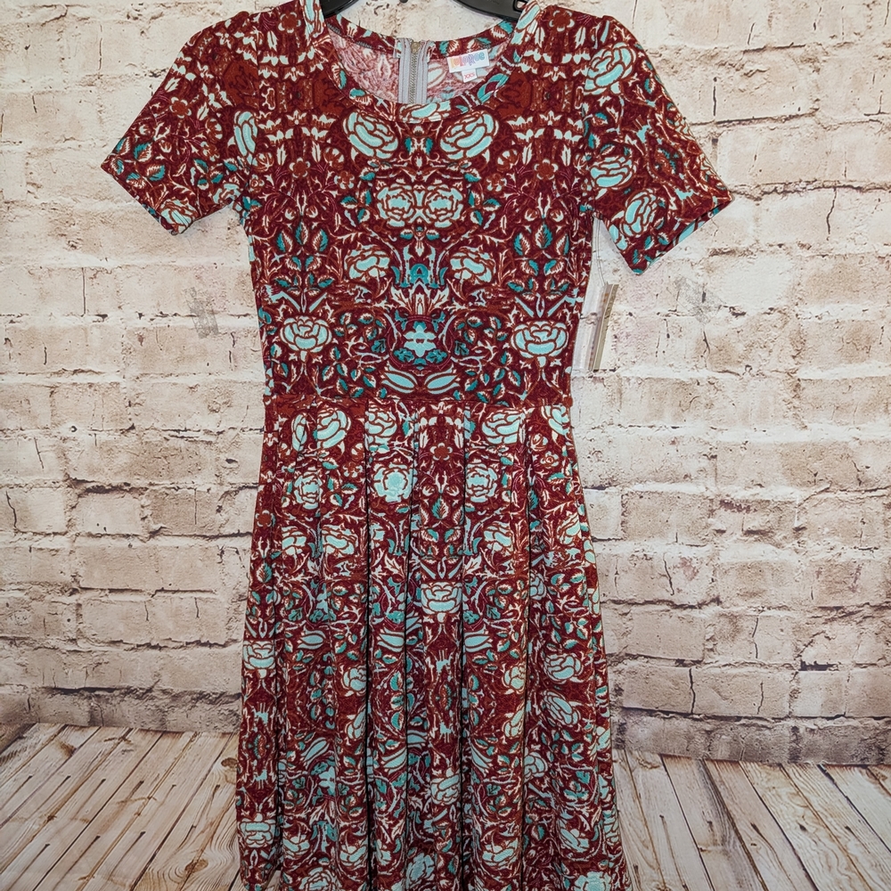 ♥️LuLaRoe Women's XXS Amelia Fit Flare Midi Dress Garden Rose Print Red Teal